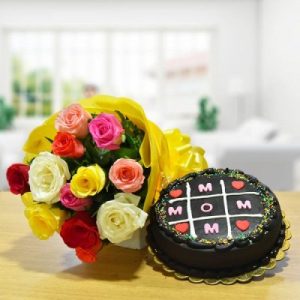 Assorted Roses N Chocolate Cake For Mom