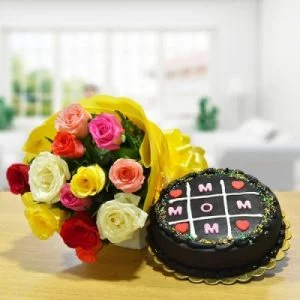 Assorted Roses N Chocolate Cake For Mom